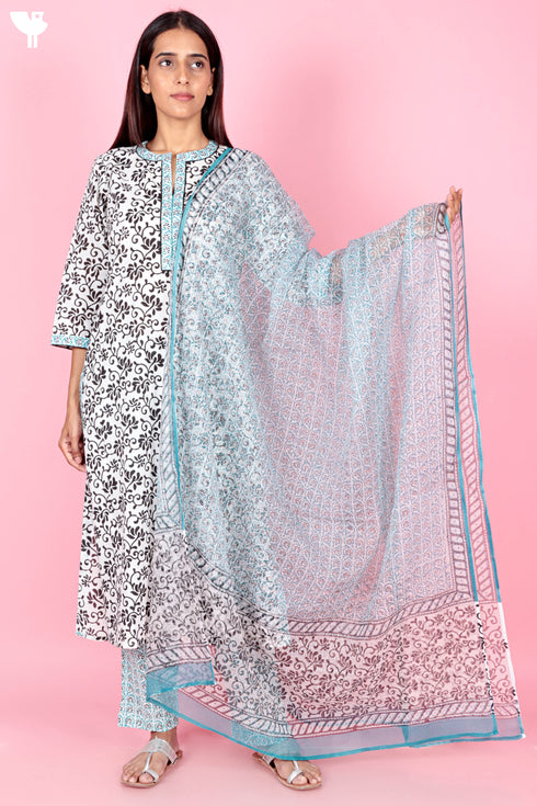 Cotton Kurta And Pant Set With Kota Dupatta In Block Print